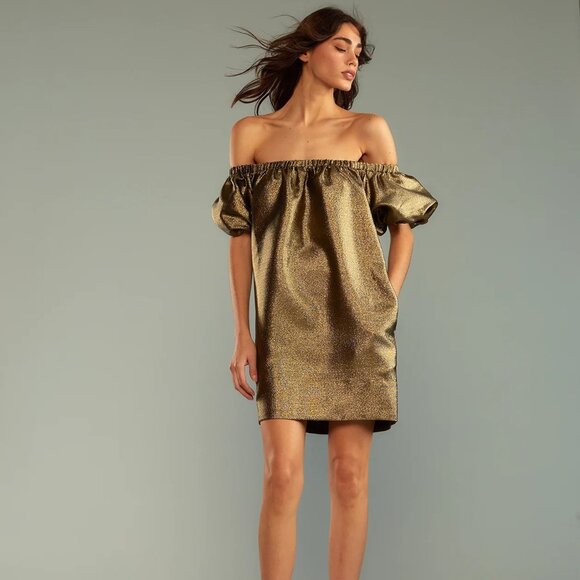 Cynthia Rowley NWT Sz S Gold Metallic Off the Shoulder Mini Shift Dress Cocktail - Picture 1 of 12